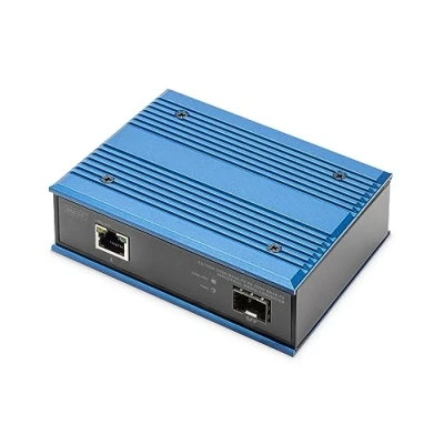 Abbildung von DIGITUS industrieller Gigabit Medienkonverter 1 RJ45 Port, SFP Port 10/100/1000 Mbps Hutschienenmontage IP40 Schutzklasse schwarz,blau