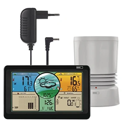 Abbildung von EMOS Funk Wetterstation mit Farbdisplay, Außensensor im Niederschlagsmesser, Temperatur C/F, Luftfeuchtigkeit, Wettervorhersage, Max/Min Messwerte, Funkuhr 12/24h, Kalender