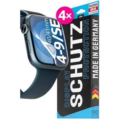 Abbildung von S.E für Apple Watch 9/8/7/SE 40mm &amp; 41mm Schutzfolie 4X Folien im Set aus Deutschland, inkl. Installationshilfe, staubfrei blasenfrei, Series Folie TPU, Full Screen, 100% Passgenau Klar
