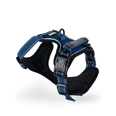 Abbildung von lionto Hundegeschirr gepolstert aus weichem Nylon, Größe L, reflektierendes Anti Zug Geschirr für Hunde mit 2 Ringen &amp; 4 Einstellgurten, Zwei Klickverschlüsse gummierter Griff am Rücken, blau