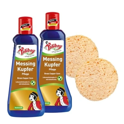 Abbildung von poliboy 99A5701, Messing Kupfer Pflege 2x200ml mit 2x Schwamm Schmuckreiniger (zur Reinigung und Anlaufschutz Made in Germany)