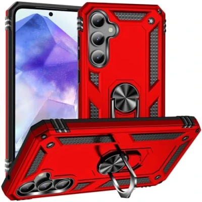 Abbildung von Verco Hybrid Armor Shield Case für Samsung Galaxy A55 5G Hülle, extrem robust mit Magnet Fingerring Halter Handyhülle Panzerhülle, Rot