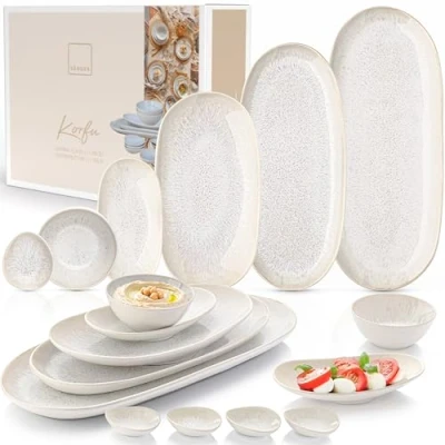 Abbildung von SÄNGER Tafelservice Korfu Geschirrset (11 tlg), 6 Personen, Steingut, Creme Farben mit Sandiger Maserung, Handmade, Premium Collection
