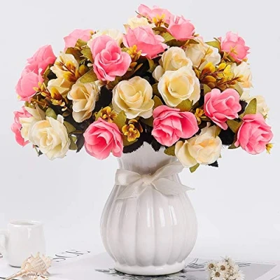 Abbildung von LESING Künstliche Kunstblumen mit Vase, Seidenrosen, Hochzeitsblumen, Blumensträuße, Zuhause, Büro, Party, Konferenzraum, Dekoration (Rosa 1)