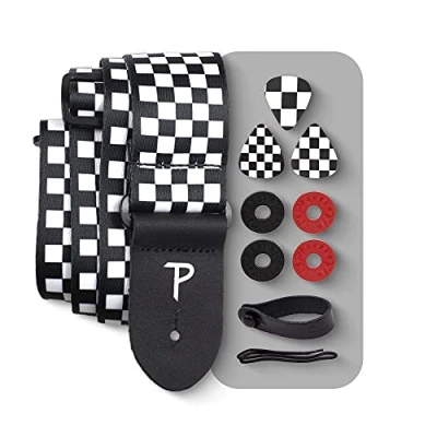 Abbildung von Perri&#039;s Leathers Ltd. Set Polyester Gitarrengurt Checker BONUS 3 Medium Plektren 0,71mm 1 Leder Akustik Adapter 4 Gurt &amp; Riemenverschlüsse (LPCP 591 PKG)