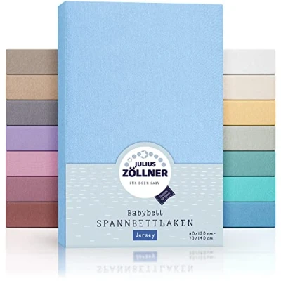 Abbildung von Julius Zöllner Jersey Spannbettlaken für Baby &amp; Kinderbett, 100% Baumwolle, OEKO TEX Standard 100 zertifiziert, Größe: 60x120cm / 70x140cm, 2er Pack, hellblau