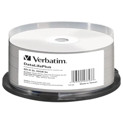 Abbildung von Verbatim BD R Blu ray Rohlinge 25 GB, Disc mit 6 facher Schreibgeschwindigkeit, 25er Pack Spindel, großflächig thermisch bedruckbar, Disks für Video und Audiodateien