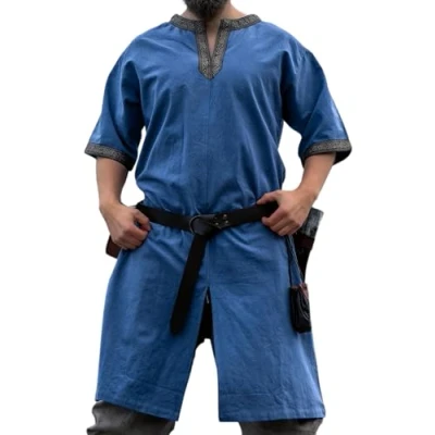 Abbildung von Leonardo Carbone® Kurzarm Tunika Richard Mittelalter Kleidung Herren, Hemd, Freizeithemden Kurzarm, Karneval Kostüm, Wikinger Tunika, LARP 100% Baumwolle Taubenblau XL