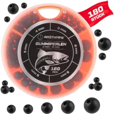 Abbildung von AMZfishing® Gummiperlen Set 3mm 8mm 180 Stück Gummistopper Angeln Stopper Perlen zum Perle Gummikugeln (180 im Spender)