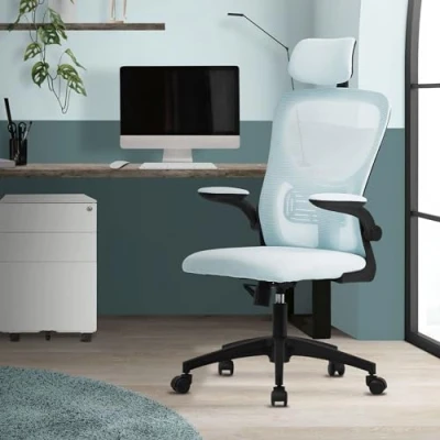 Abbildung von ML DESIGN Bürostuhl Schreibtischstuhl ergonomisch mit verstellbarer Kopfstütze, Armlehnen, Drehstuhl Rollen Blau Computerstuhl Chefsessel Gaming Stuhl