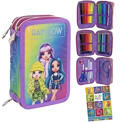 Abbildung von GOLDKIDS Federmäppchen Federtasche 3 fache Mädchen Rainbow High, (Silver Style Motiv 46 teilig, 1 tlg., gefüllte Schüleretui Stifte und), Pinsel inkl.hausaugabenheft Federbox Etui Schul