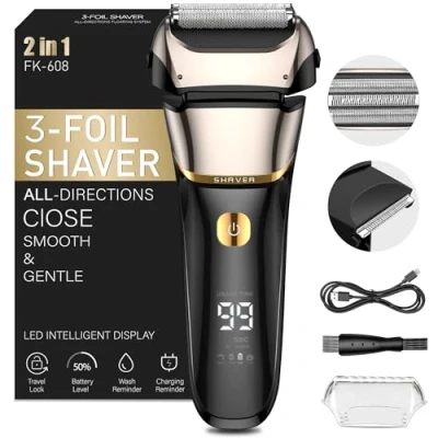 Abbildung von Folienrasierer Herren,2 in 1 Rasierer Herren Elektrisch Wiederaufladbarer USB Rasierapparat Nassrasierer &amp; Trockenrasierer Elektrorasierer 100 Min Laufzeit,Zero Gap Skin,IPX7 Waschbarer