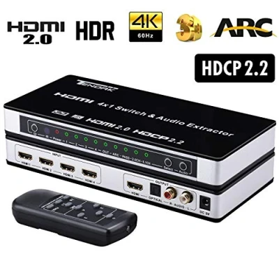 Abbildung von Tendak HDMI 2.0 Switch 4 Port Umschalter 4K Verteiler Schalter auf 1 mit Optisch und L/R Audio Extractor Fernbedienung Unterstützt UHD 4K@60Hz HDCP 2.2 ARC 3D