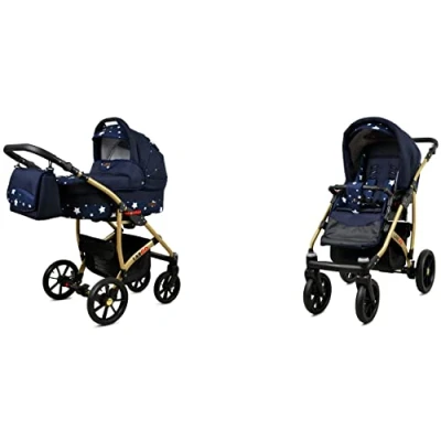 Abbildung von BabyLux Largo 2 in 1 Baby Kinderwagen Tief und mit Zubehör Verstellbar faltbar Aluminiumkonstruktion Wasserdicht Nicht abnehmbare Räder Olive Black Gold Frame