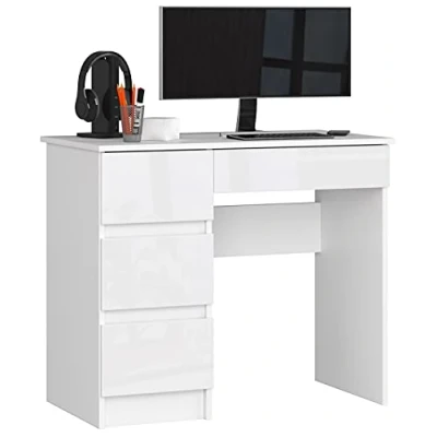 Abbildung von AKORD Computertisch Schreibtisch 4 Schubladen Komfort Hohe Qualität Solide Für Zuhause das Büro Ergonomie die Arbeit B90 x H77 T50 cm Weiß &amp; Glänzend Front