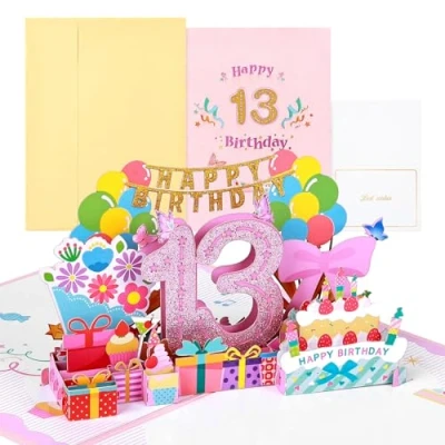 Abbildung von Joyoldelf 13 Jahre alte Geburtstagskarte, Pop Up Grußkarten, 3D Karte Geburtstag Grußkarte, Geburtstagskarten mit Umschlag für Frauen Mütter Mädchen Freunde Romantik Geschenk