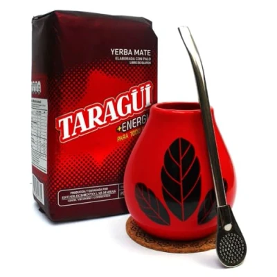 Abbildung von Taragui Energia yerba mate tee set Argentinien loose leaf 500g Keramik becher Hoja Rot 350ml kalebasse tasse Edelsahl trinkhalm Bombilla 19cm und korkpad