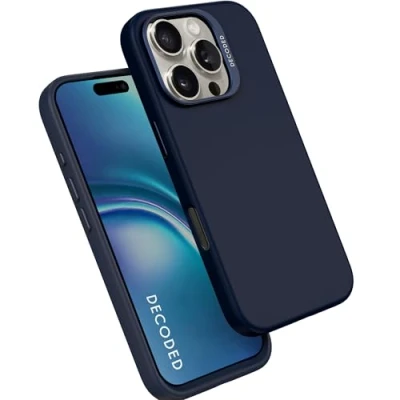 Abbildung von DECODED Silikonhülle für iPhone 16 Pro Max, MagSafe kompatibel, Premium Flüssig Soft Touch Material, Ganzkörper Schutzhülle, erhöhte Kanten zum Schutz von Bildschirm und Kamera, Marineblau