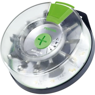 Abbildung von Festool Fräserbox Box OF HW S8 Mix (mit Bündigfräser, Dübelbohrer, Nutfräser mit Bohrschneider, Abrundfräser, Fasefräser, Scheibennutfräser, Zinkenfräser)