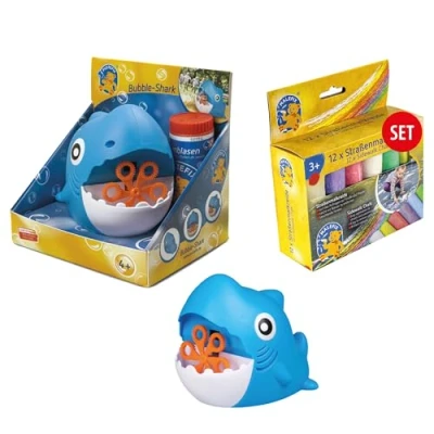 Abbildung von PUSTEFIX Mini Seifenblasenmaschine Hai &amp; MALEFIX Straßenkreide 12er Packung I Seifenblasen Kinder Set Bubble Spaß bei Kinderpartys Geburtstagen