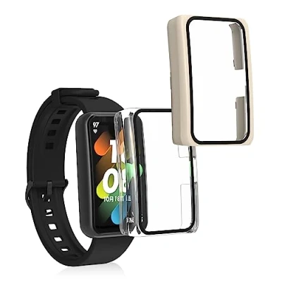 Abbildung von kwmobile 2X Cover kompatibel mit Honor Band 7 / 6 Huawei Hülle Fullbody Fitnesstracker Case Set aus Glas Transparent Beige