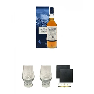 Abbildung von Talisker 10 Jahre Isle of Skye Single Malt Whisky 0,7 Liter + Glas mit Eichstrich 4 cl Schiefer Glasuntersetzer eckig ca. 9,5 cm Ø 2 Stück