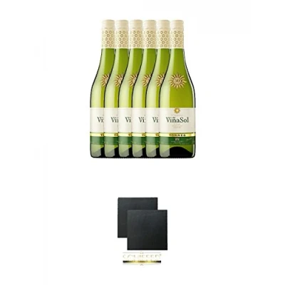 Abbildung von Torres Miguel Spanien VINA SOL Weisswein 6 x 0,7 Liter + Schiefer Glasuntersetzer eckig ca. 9,5 cm Ø 2 Stück