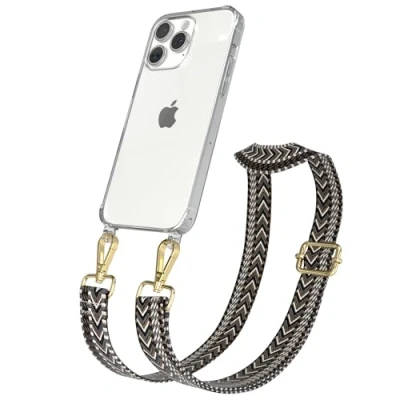 Abbildung von EAZY CASE Handykette mit verstellbarem Trageriemen für iPhone 15 Pro Max Taschengurt zum Wechseln transparenter Handyhülle Hülle dünner Schulterriemen in Grau Schwarz Gold