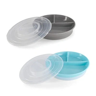 Abbildung von Twistshake 2x Geteilter Babyteller Mit Luftdichtem Deckel Teller Für Kinder BPA Freier Entwöhnungsteller Speiseteller Grau Blau