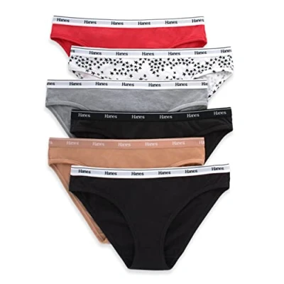 Abbildung von Hanes Damen Originals Panties, Breathable Stretch Cotton Underwear, Assorted, 6 Pack Unterwäsche im Bikini Stil, Grundfarbenmischung, S (6er Pack)