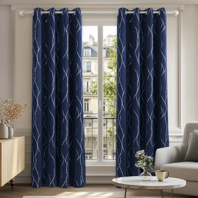 Abbildung von Deconovo Blickdichte Gardinen, Verdunkelungsvorhänge mit Ösen, Thermogardinen für Wohnzimmer, 183x168 cm(HöhexBreite), Dunkelblau, 2er Set