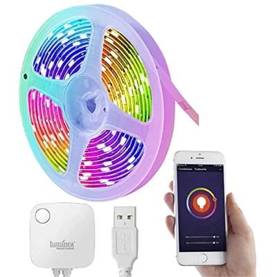 Abbildung von Luminea Home Control Lichterband: USB RGB CCT LED Streifen mit WLAN, App, Sound &amp; Sprachsteuerung, 3 m (LED RGBW dimmbar, Set, Schrankleuchte)
