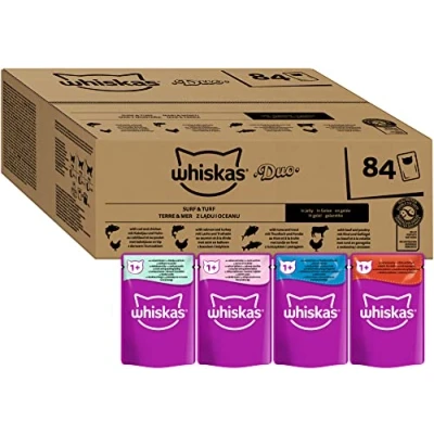 Abbildung von Whiskas Adult 1+ Katzennassfutter Tasty Duo Surf &amp; Turf in Gelee, 84 Portionsbeutel, 84x85g (1 Großpackung) Hochwertiges Katzenfutter nass, für ausgewachsene Katzen