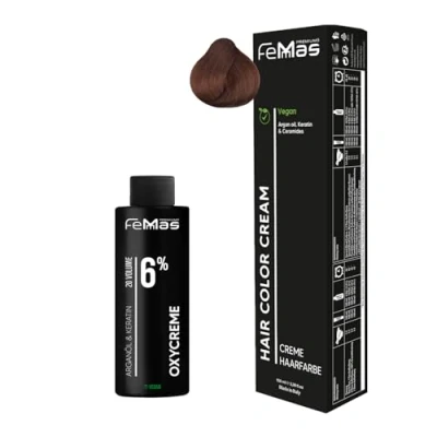 Abbildung von Femmas Haarfarbe Set Mittelblond Kupfer 7.4 I Hair Color Cream 100ml + Oxycreme 6% Permanente Haar Coloration Entwickler Schonend &amp; langanhaltend Salon für Zuhause