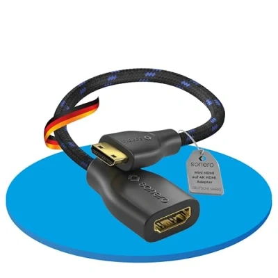 Abbildung von Sonero® Mini HDMI auf 4K Portsaver Adapter, Premium High Speed, C Stecker A Buchse, vergoldete Kontakte, zweifache Abschirmung, Baumwollmantel, 0,15m