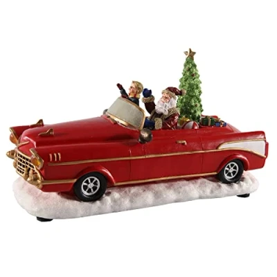 Abbildung von Spetebo LED Weihnachts Szene Weihnachtsmann im Oldtimer rot 25 cm/Batterie Tisch Deko mit Sound Bewegung und Beleuchtung Advent Winter Dorf Fenster Dekoration