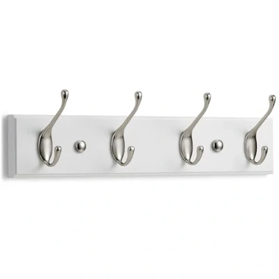 Abbildung von LARHN Garderobenhaken Weiß Garderobenleiste mit 4 Haken in Nickel Matt 42 cm Kleiderhaken Wand Wandgarderobe für Flure, Garderoben, Schlafzimmer und Badezimmer