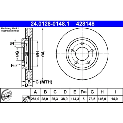 Abbildung von ATE 24.0128 0148.1 Bremsscheibe 281,0 28,0 5 114,3 Belüftet beschichtet CHRYSLER: Voyager 4, Grand IV