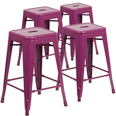 Abbildung von Flash Furniture Handelsübliche Qualität, 61 cm hoch, rückenfrei, Metall, für drinnen und draußen, mit quadratischem Sitz, Kunststoff, Eisen, Violett, 4 Stück