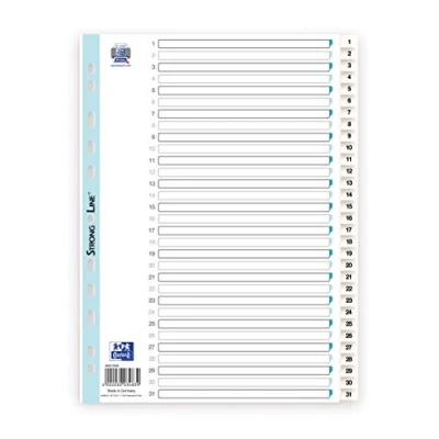 Abbildung von Oxford 400013948 Kunststoff Register Strong Line 1 31 teilig für DIN A4 Plastikregister mit beschriftbarem Deckblatt weiß Ringbuch Ordner Ring Mappe