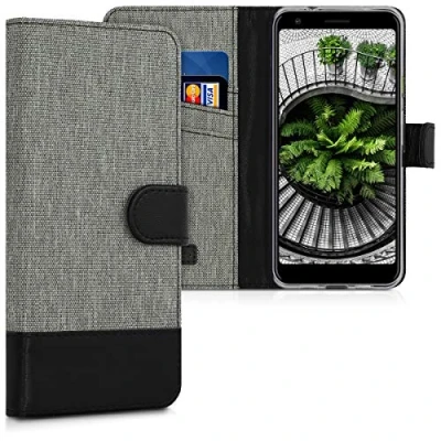 Abbildung von kwmobile Wallet Case kompatibel mit Google Pixel 3a Hülle Ständer Handyhülle Kartenfächer Grau Schwarz