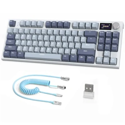 Abbildung von RK86 Pro Mechanische Tastatur, 2,4G Wireless/BT5.0/USB C Wired Gaming 75% Layout TKL 87 Tasten mit 1.2&quot; TFT HD Farbdisplay und CNC Knopf, QWERTY RGB Backlit TTC Hot Swap Linear Switch Blau