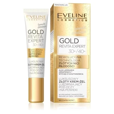 Abbildung von Eveline Cosmetics Luxus Gold Straffendes Augen und Lidcreme Gel Revita Expert mit Hyaluronsäure, Blaukollagen, Seidenproteinen &amp; Damaszener Rosenöl 15ml