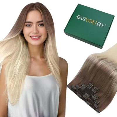 Abbildung von Easyouth Invisible Clip in Extensions Echthaar Ombre Blond Platinblond Mix Hellbraun 35 cm 70g #8/60 7pcs