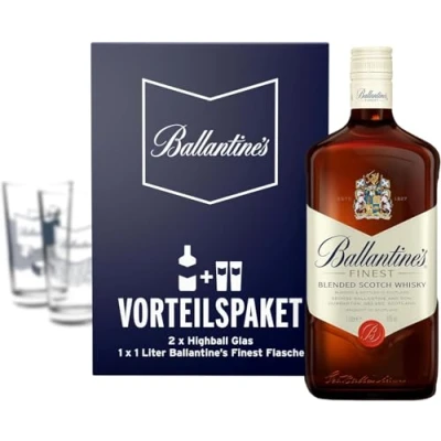 Abbildung von Ballantines Finest Vorteils Paket, Blended Scotch Whiskey inklusive 2 High Ball Gläsern, Geschenk Set, Milder Blend aus Malt und Grain Whiskys, 1L