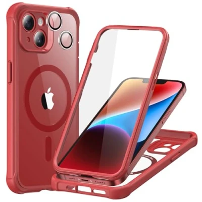 Abbildung von ESR für iPhone 14 Hülle, Kompatibel mit MagSafe, 360 Grad Schutzhülle Stoßfest Militärnorm Magnetische Handyhülle Kameraschutz, Klares Rot