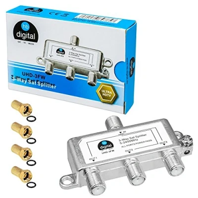 Abbildung von HB digital SAT BK UKW Verteiler 3 Fach Splitter (3 Wege) * 5 2400 MHz &amp; analog tauglich voll geschirmt DVB S S2 FM Kabelfernsehen C inkl. 4 passende F Stecker