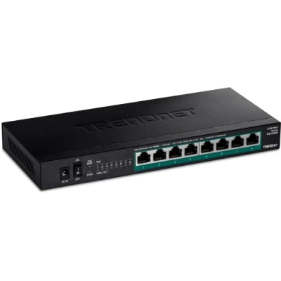 Abbildung von TRENDnet TPE TG380 Unmanaged 2.5G PoE+ Switch mit 8 Ports, lüfterlos, kompaktes Desktop Design, Metallgehäuse, 2.5GBASE T IEEE 802.3bz, 100 W PoE Budget, Schwarz