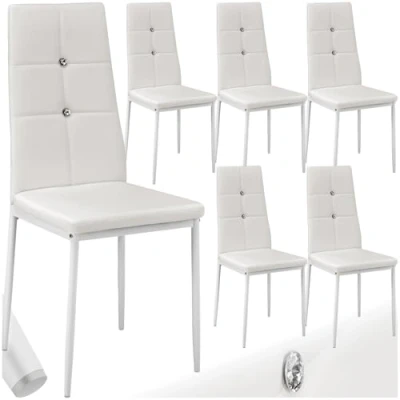Abbildung von tectake Moderne Stühle, 6er Set, 6X Stuhl mit Bezug aus Kunstleder, Glitzersteine, als Küchenstühle, Esszimmerstühle oder Polsterstuhl für Wohnzimmer, Esstisch, Bar weiß