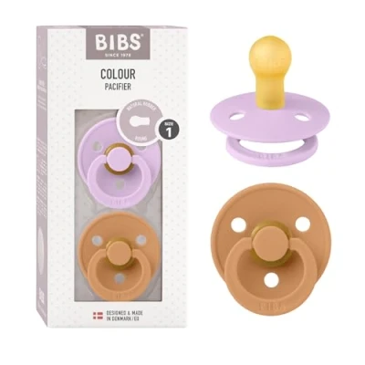 Abbildung von BIBS Colour Schnuller 2er Pack, BPA frei, Kirschform Nippel. Naturkautschuk/Latex, Hergestellt in Dänemark, Größe 1 (0 6 Monate), Violet Sky/Pumpkin